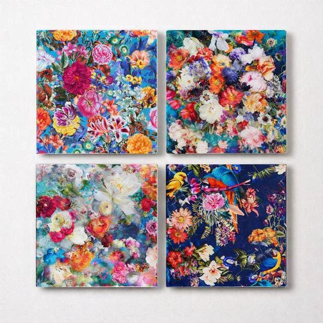 Glass coaster set, Spring Flowers design, 4-piece colorful botanical coasters.