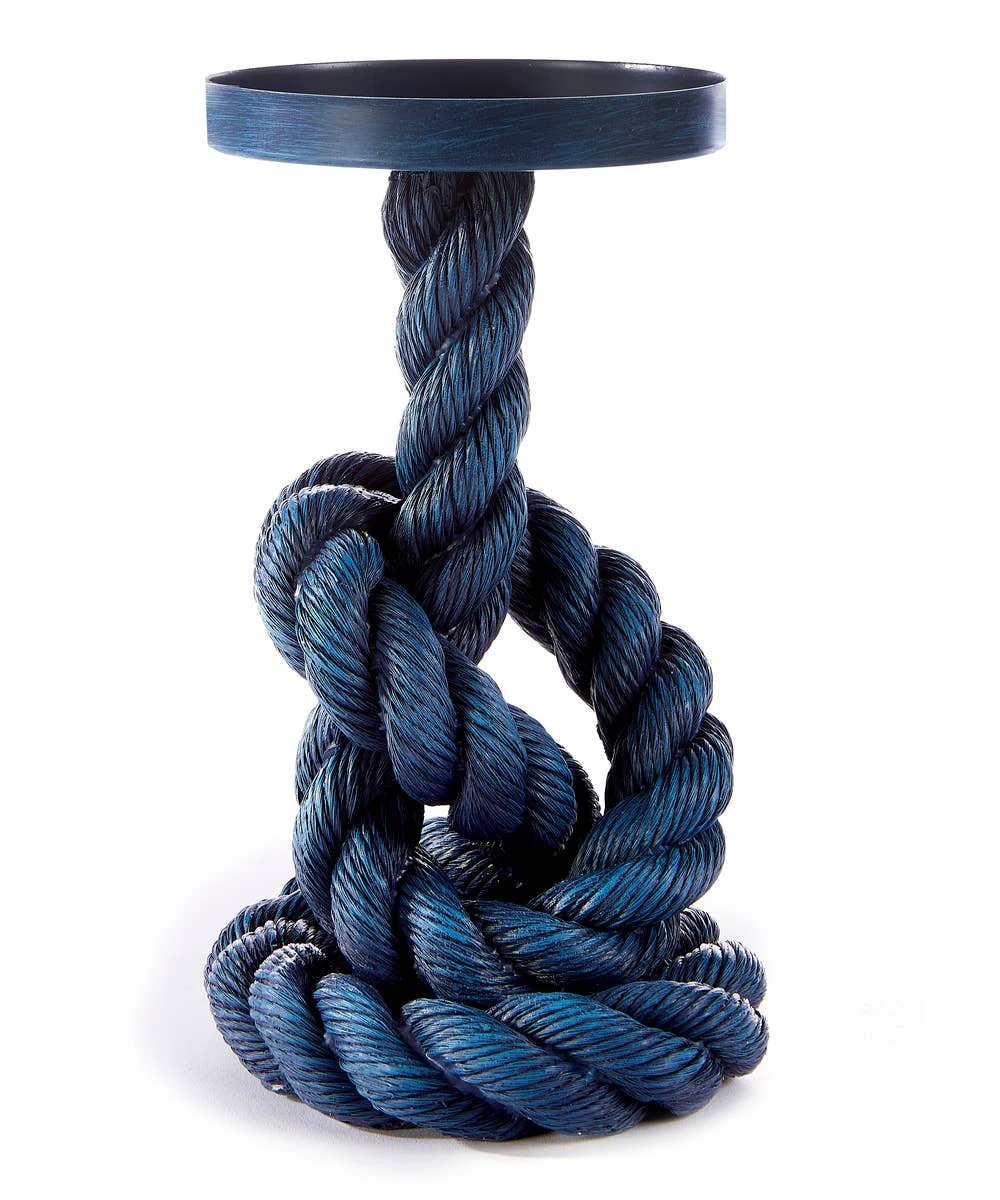 Navy blue knotted rope pillar candle holder with a flat circular top plate and lighter blue highlights.