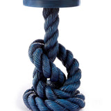 Navy blue knotted rope pillar candle holder with a flat circular top plate and lighter blue highlights.