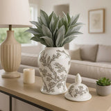 Temple Jar - White/Brown Ceramic Cherry Blossom, 15 in.