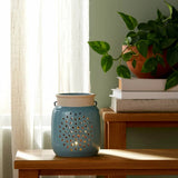 Ceramic Flower Cut Out Lantern with Handle - Blue, 6 in.