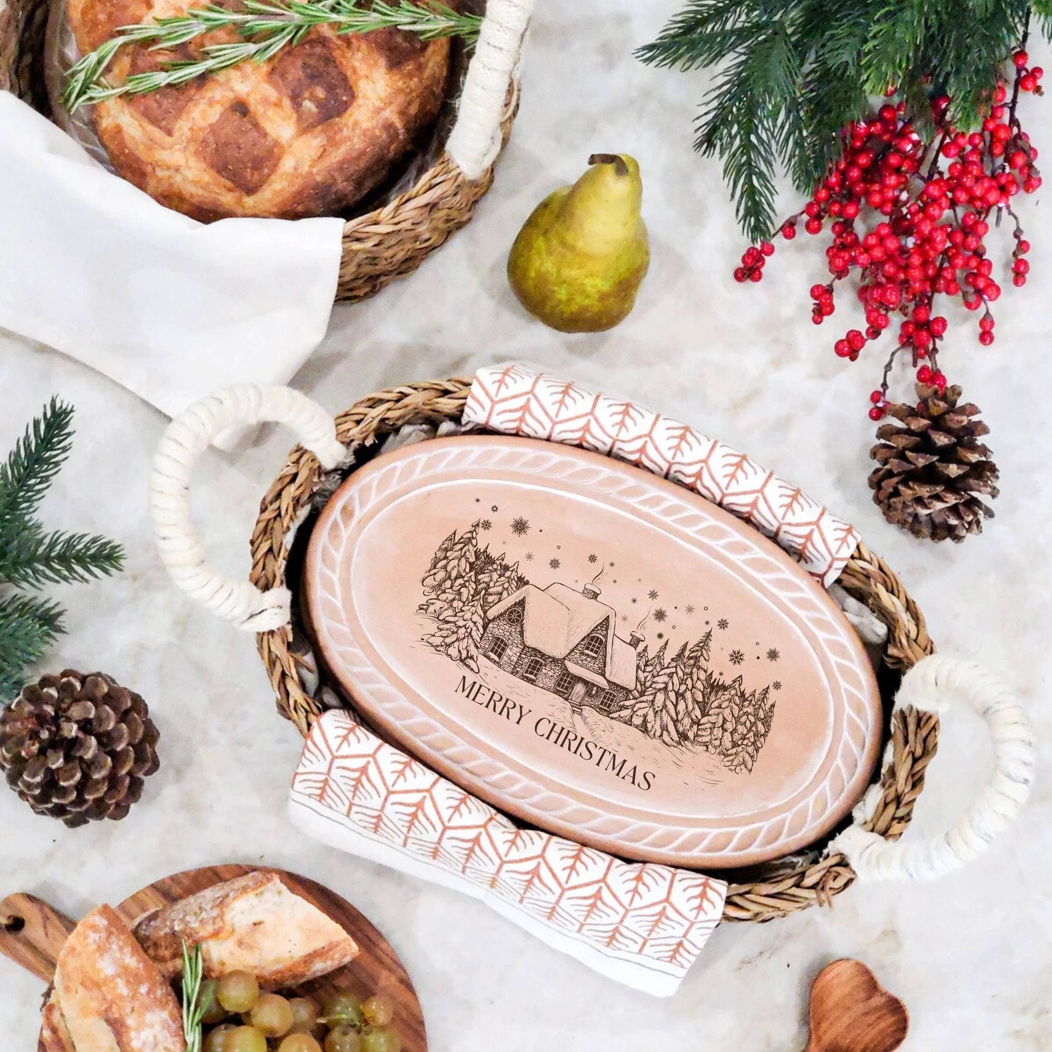 Handmade Bread Warmer & Wicker Basket - Christmas Oval