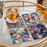 Spring flower glass coaster set of 4 with vibrant mixed floral patterns on a glass tray.