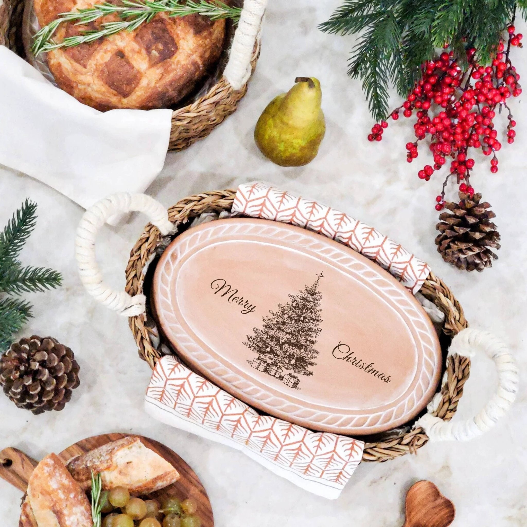 Handmade Bread Warmer & Wicker Basket - Christmas Oval