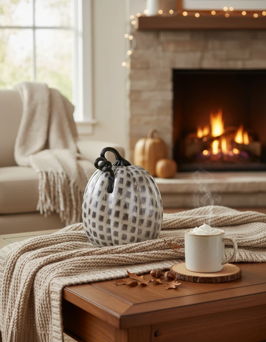 Black & White Check Glass Pumpkin 