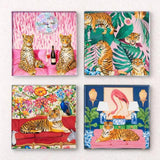 Spring Safari glass coaster set of 4 with tiger motifs on pink, jungle-leaf, floral, and blue lounge backgrounds