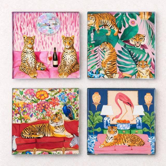 Spring Safari glass coaster set of 4 with tiger motifs on pink, jungle-leaf, floral, and blue lounge backgrounds