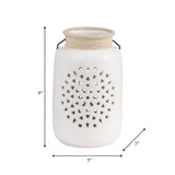 Ceramic Flower Cut Out Lantern with Handle - Ivory, 9 in.