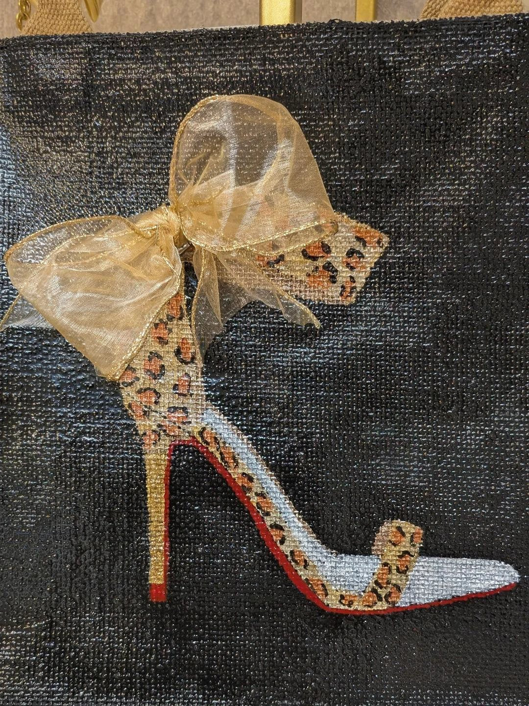 Hand-Painted Burlap Stiletto Tote Bag; black burlap with leopard-print heel and sheer gold bow