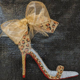 Hand-Painted Burlap Stiletto Tote Bag; black burlap with leopard-print heel and sheer gold bow