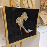 Hand-Painted Burlap Stiletto Tote Bag with black body, gold trim, beige handles, and beaded high-heel motif.
